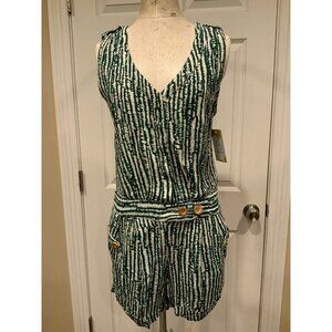 Ett Twa Anthropologie Dark Green & White Patterned V-Neck Romper, Size 0 (US)